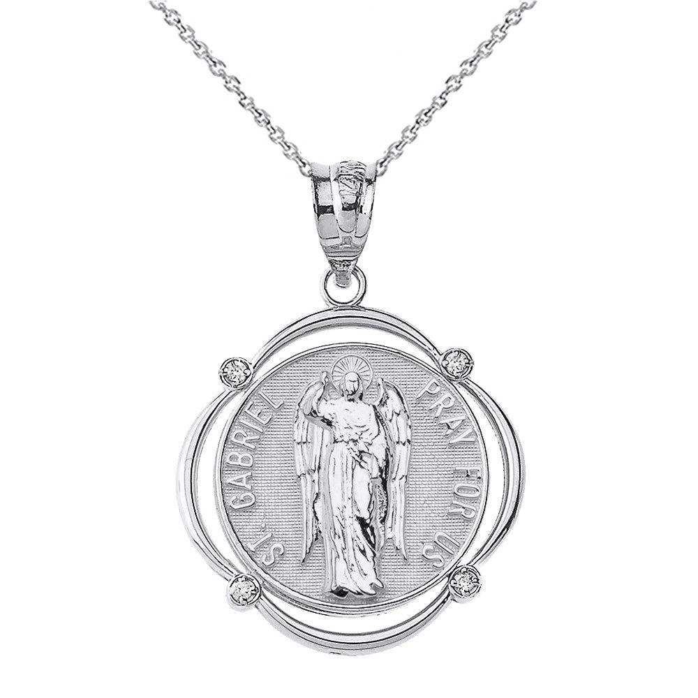 Solid Gold Saint Gabriel Pray For Us Diamond Circular Frame Pendant Necklace, view 7