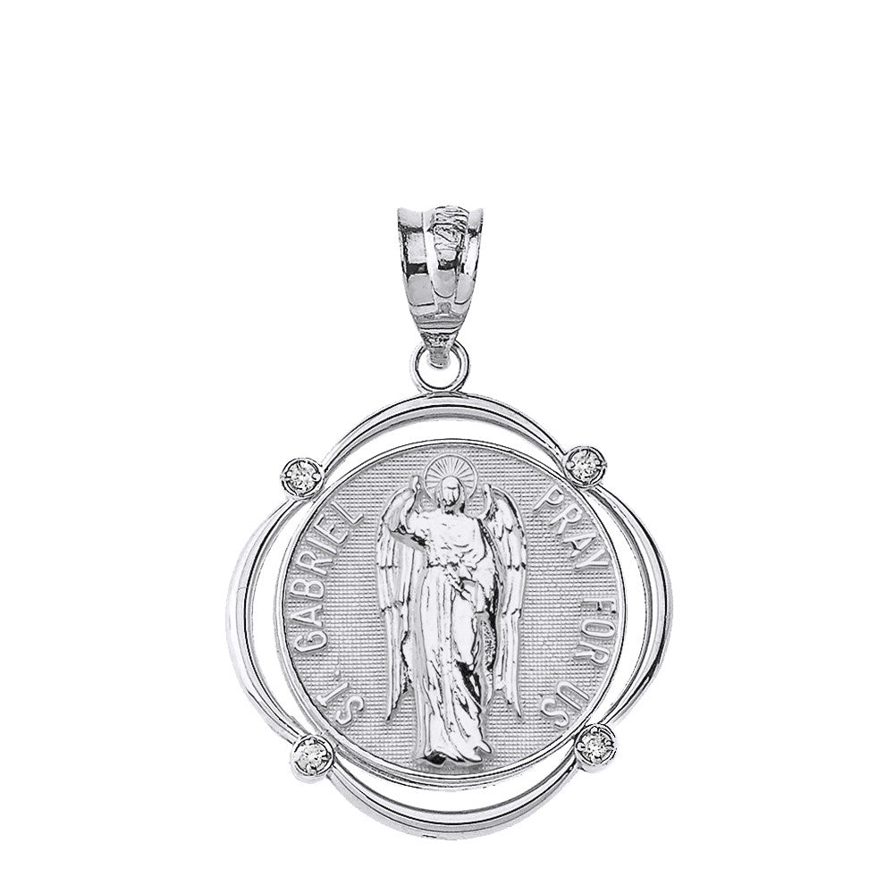 Solid Gold Saint Gabriel Pray For Us Diamond Circular Frame Pendant Necklace, view 8
