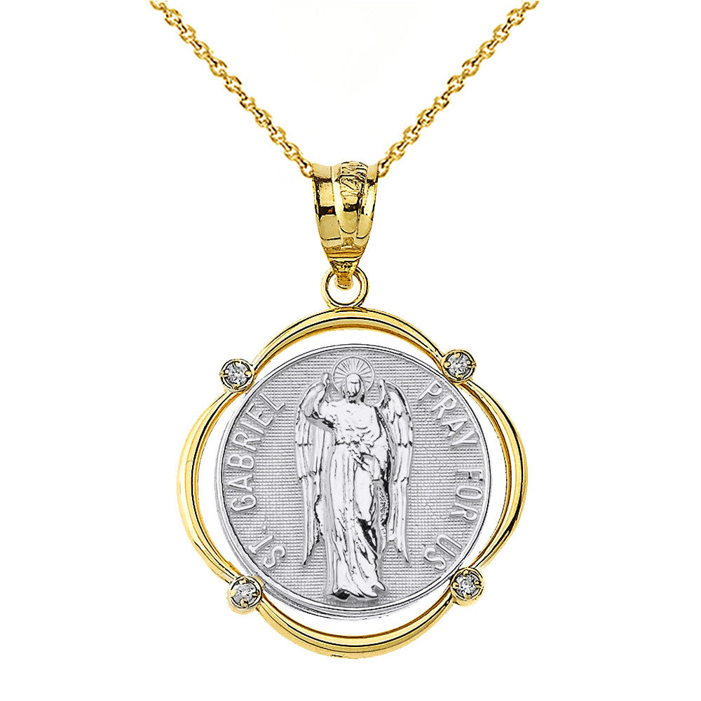 Solid Gold Saint Gabriel Pray For Us Diamond Circular Frame Pendant Necklace, view 10