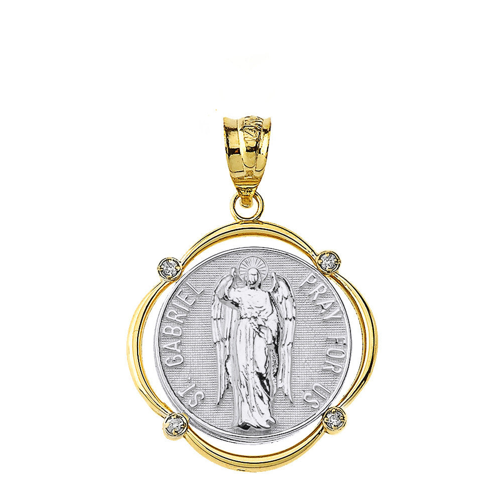 Solid Gold Saint Gabriel Pray For Us Diamond Circular Frame Pendant Necklace, view 11