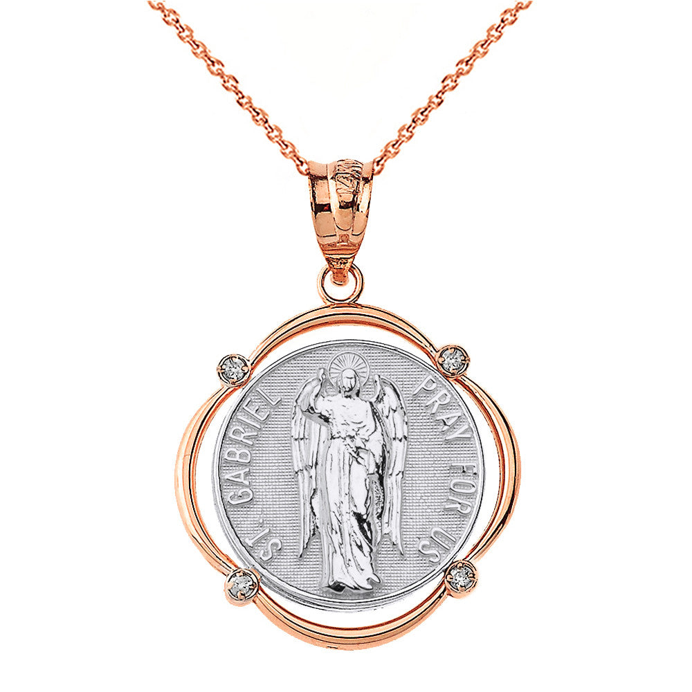 Solid Gold Saint Gabriel Pray For Us Diamond Circular Frame Pendant Necklace, view 12
