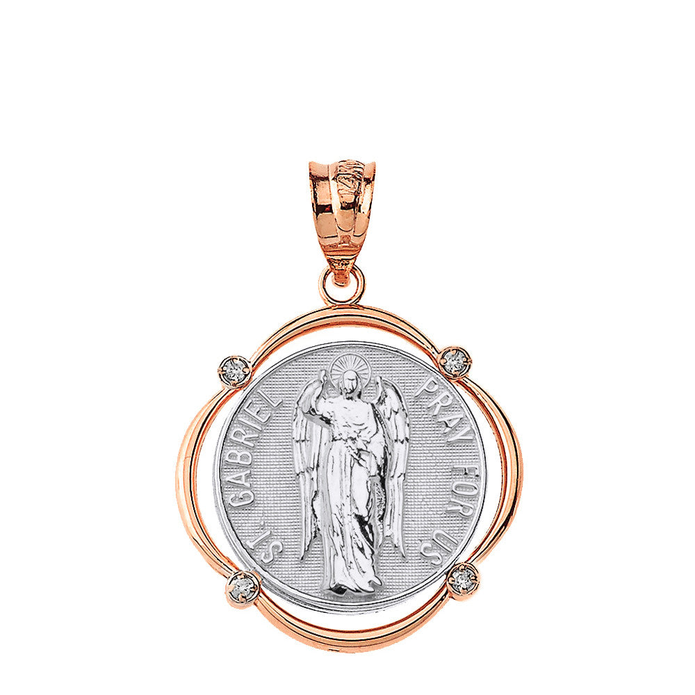 Solid Gold Saint Gabriel Pray For Us Diamond Circular Frame Pendant Necklace, view 13