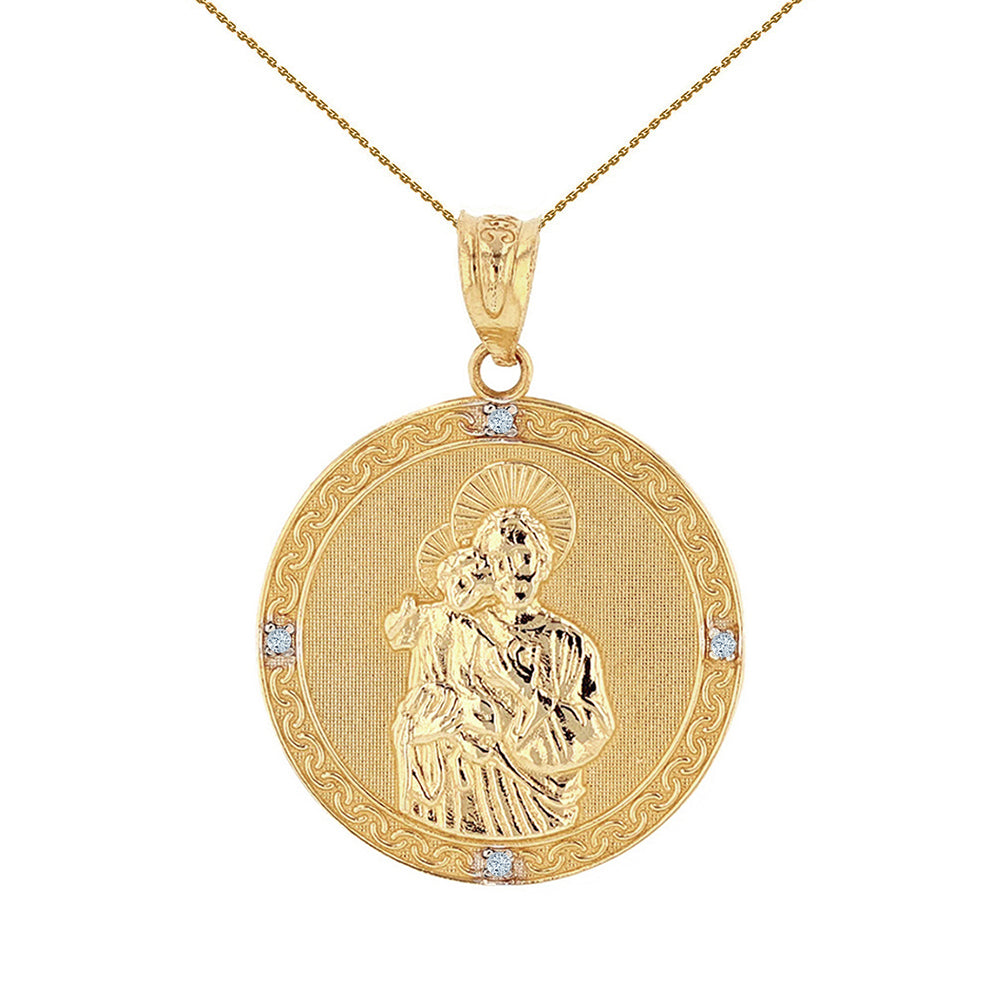 Solid Gold Saint Joseph Diamond Engravable Medallion Pendant Necklace 1.04" (26 mm)