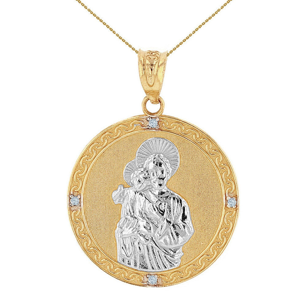 Solid Gold Saint Joseph Diamond Engravable Medallion Pendant Necklace 1.04" (26 mm), view 2