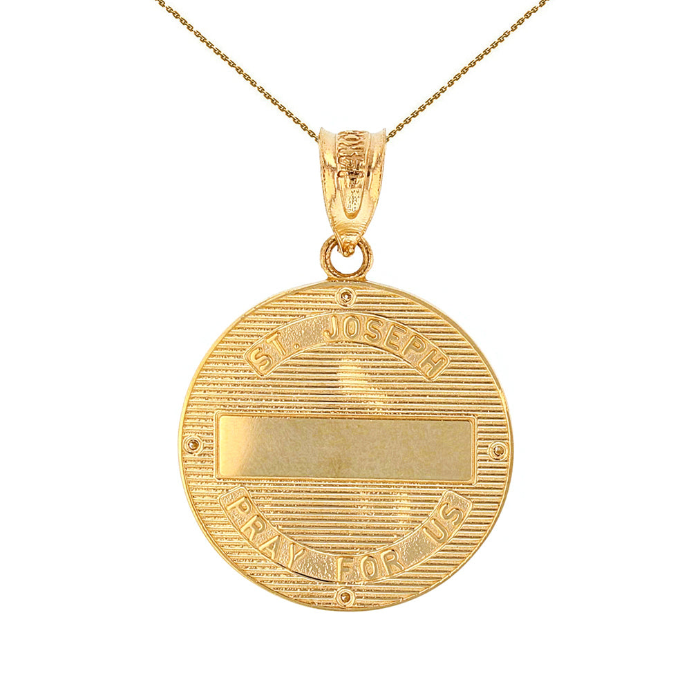 Solid Gold Saint Joseph Diamond Engravable Medallion Pendant Necklace 1.04" (26 mm), view 3