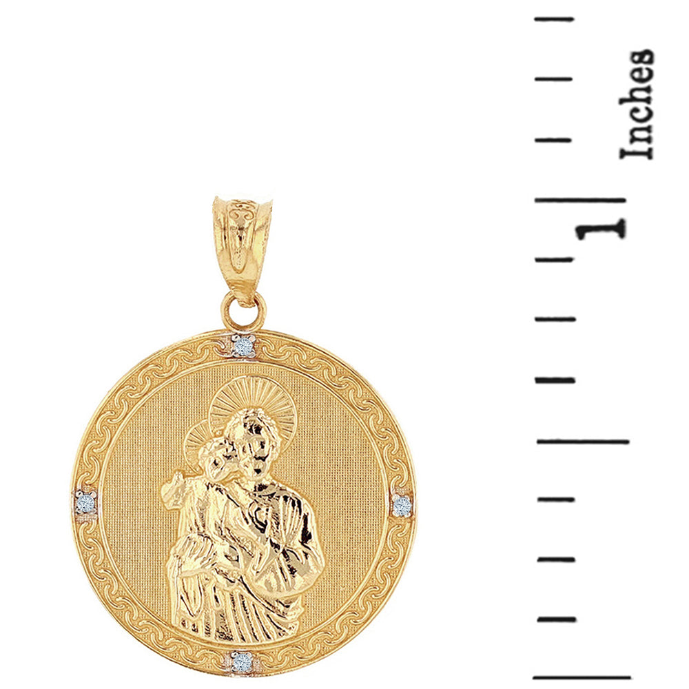 Solid Gold Saint Joseph Diamond Engravable Medallion Pendant Necklace 1.04" (26 mm), view 4