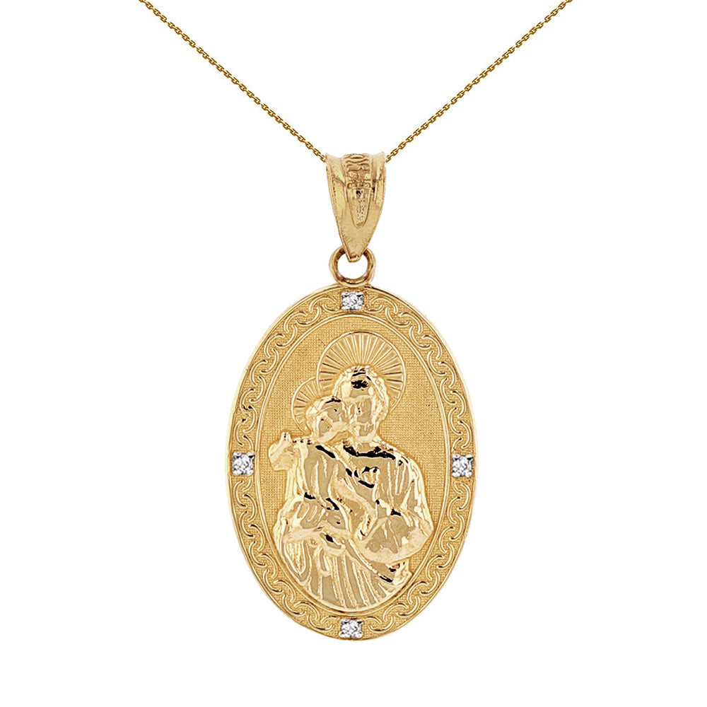 Solid Gold Saint Joseph Diamond Oval Engravable Medallion Pendant Necklace 1.02" (25 mm)
