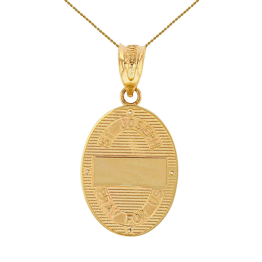 Solid Gold Saint Joseph Diamond Oval Engravable Medallion Pendant Necklace 1.02" (25 mm), view 2