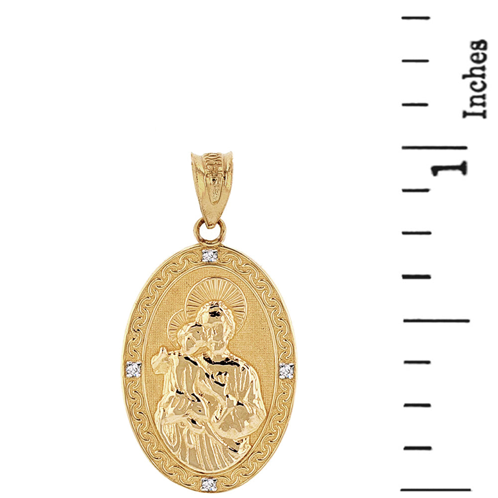 Solid Gold Saint Joseph Diamond Oval Engravable Medallion Pendant Necklace 1.02" (25 mm), view 3