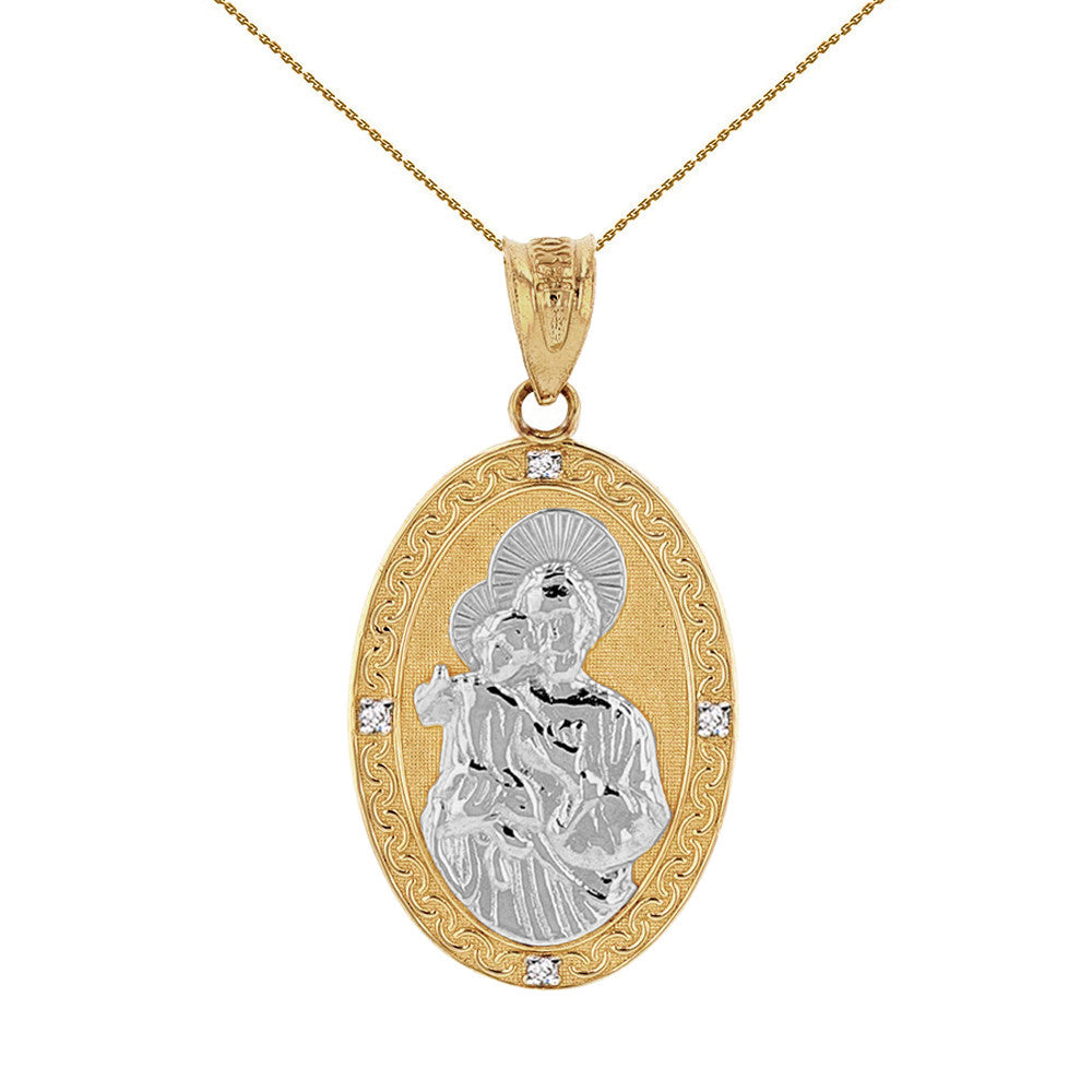 Solid Gold Saint Joseph Diamond Oval Engravable Medallion Pendant Necklace 1.02" (25 mm), view 4