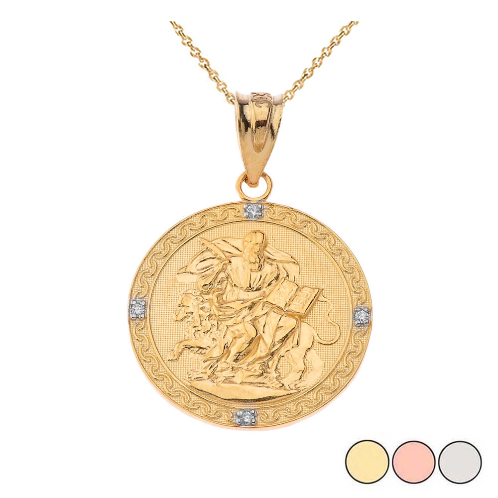 Solid Gold Saint Mark Round Diamond Pendant Necklace