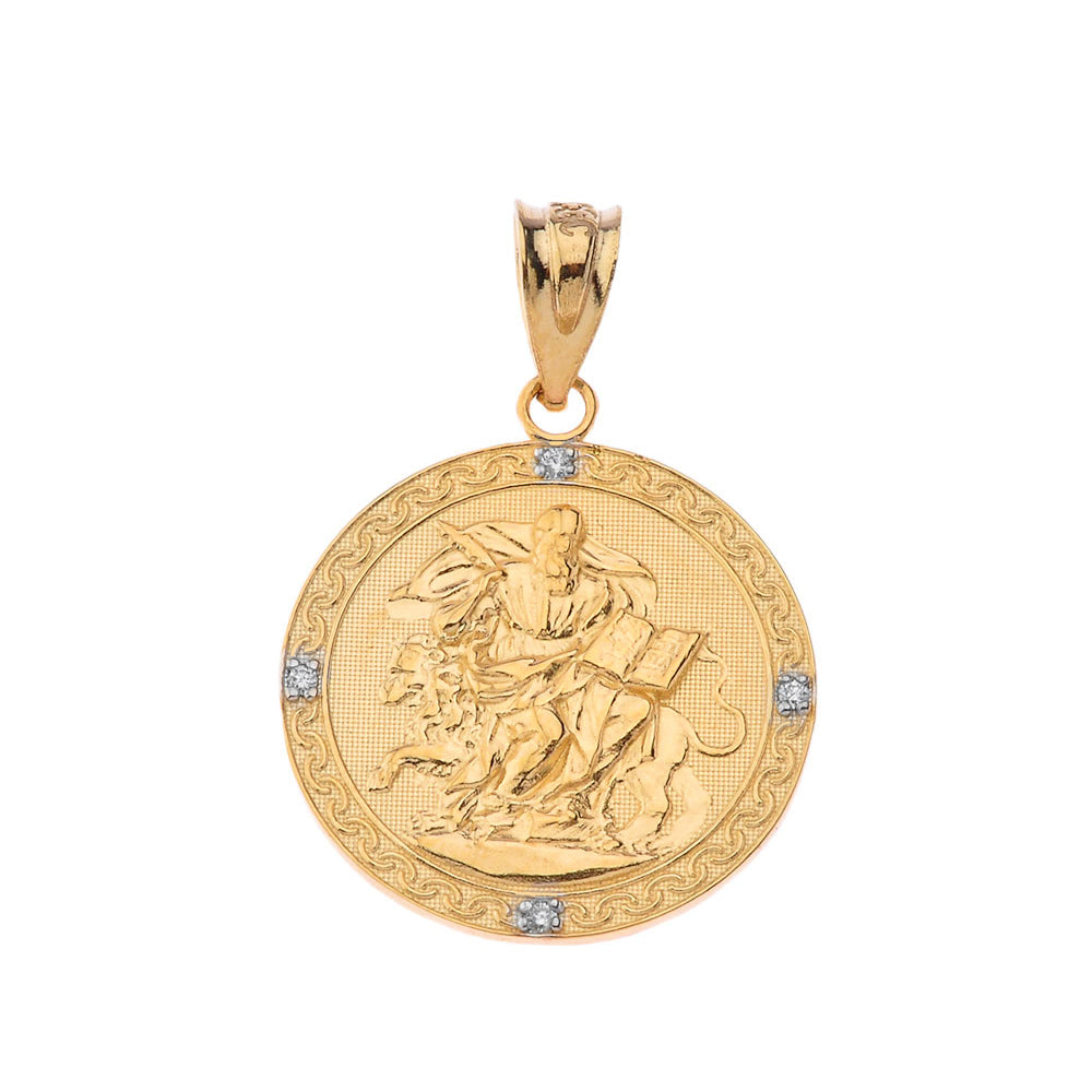 Solid Gold Saint Mark Round Diamond Pendant Necklace, view 2