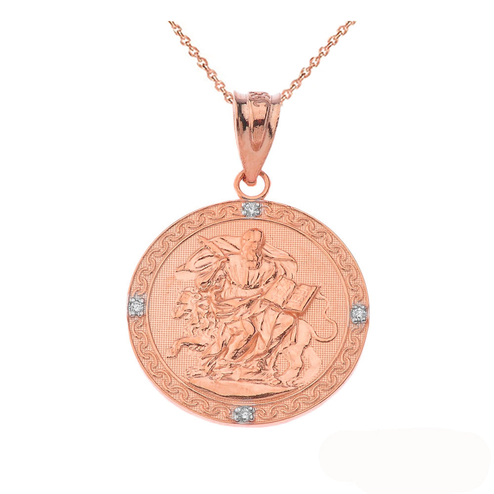 Solid Gold Saint Mark Round Diamond Pendant Necklace, view 3