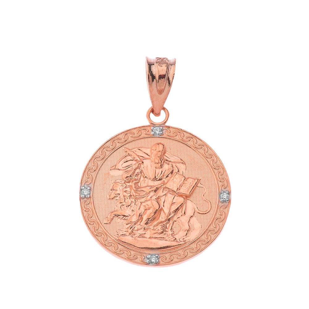 Solid Gold Saint Mark Round Diamond Pendant Necklace, view 4
