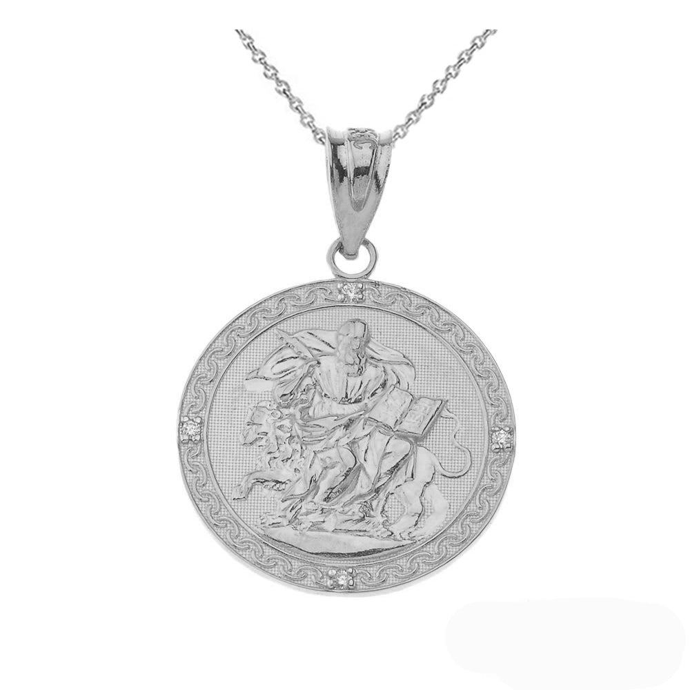Solid Gold Saint Mark Round Diamond Pendant Necklace, view 5
