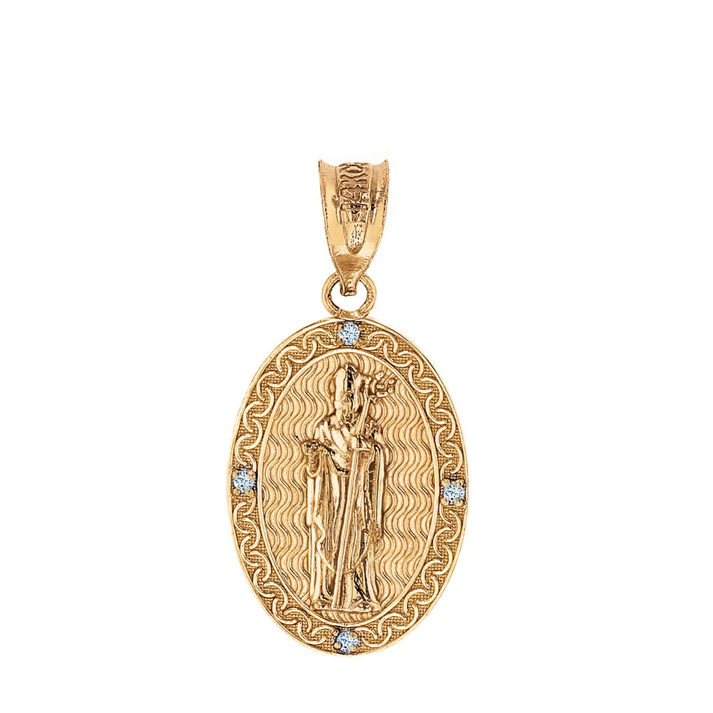 Solid Gold Saint Patrick Diamond Oval Engravable Medallion Pendant Necklace 1.03" (26 mm), view 2
