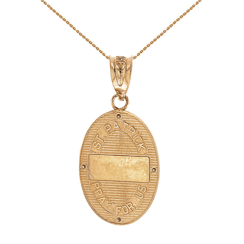 Solid Gold Saint Patrick Diamond Oval Engravable Medallion Pendant Necklace 1.03" (26 mm), view 3