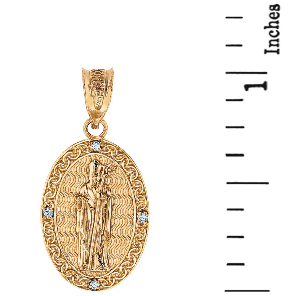 Solid Gold Saint Patrick Diamond Oval Engravable Medallion Pendant Necklace 1.03" (26 mm), view 5