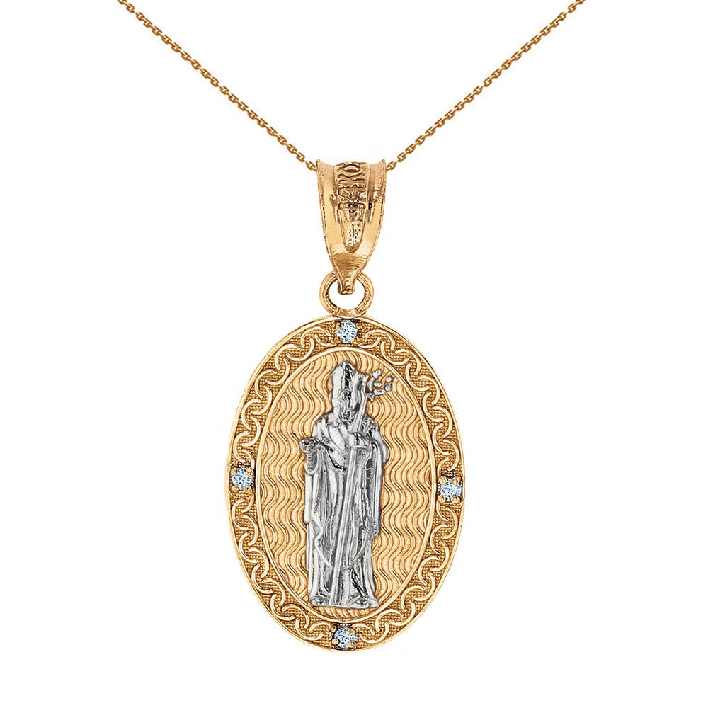 Solid Gold Saint Patrick Diamond Oval Engravable Medallion Pendant Necklace 1.03" (26 mm), view 6