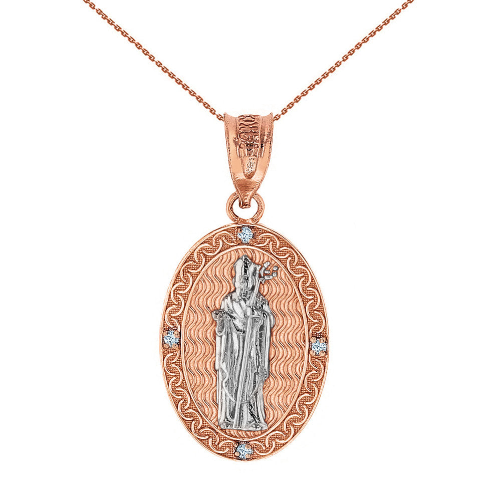 Solid Gold Saint Patrick Diamond Oval Engravable Medallion Pendant Necklace 1.03" (26 mm), view 7
