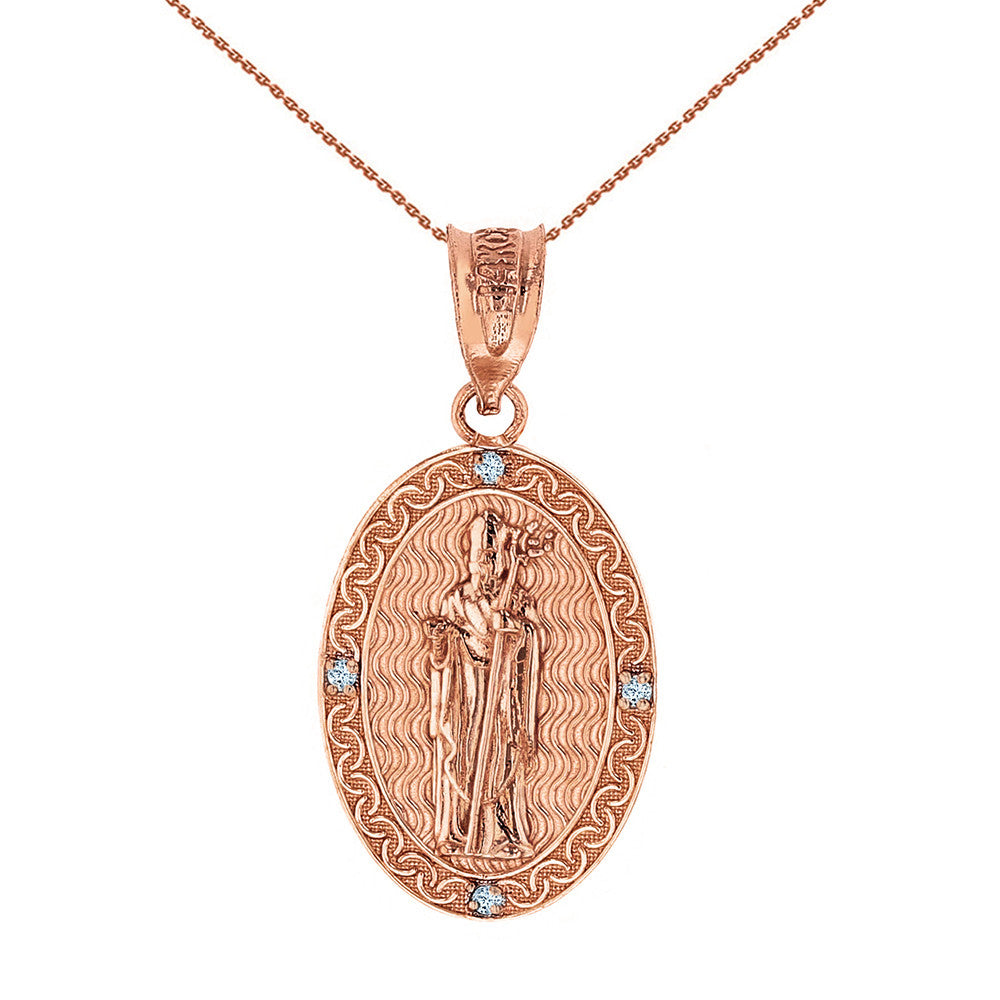 Solid Gold Saint Patrick Diamond Oval Engravable Medallion Pendant Necklace 1.03" (26 mm), view 8