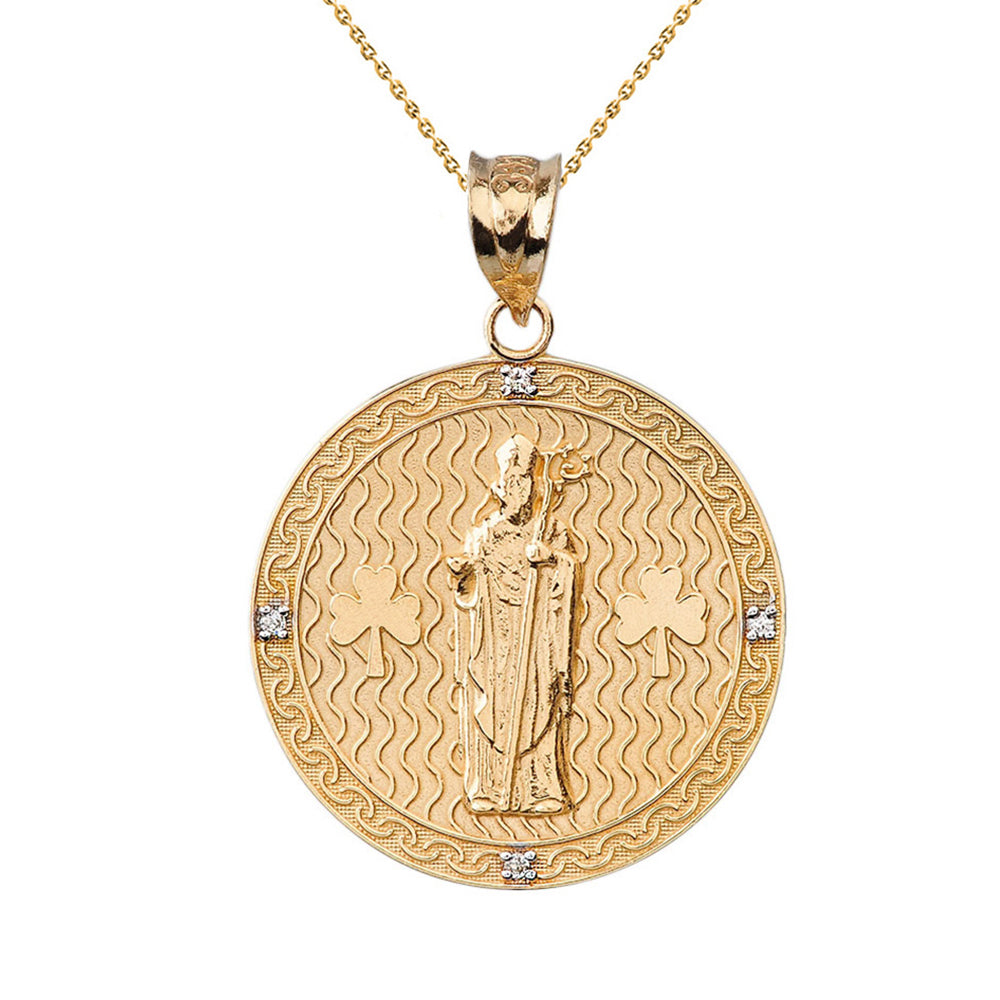 Solid Gold Saint Patrick Shamrock Diamond Engravable Medallion Pendant Necklace 1.16" (29 mm)