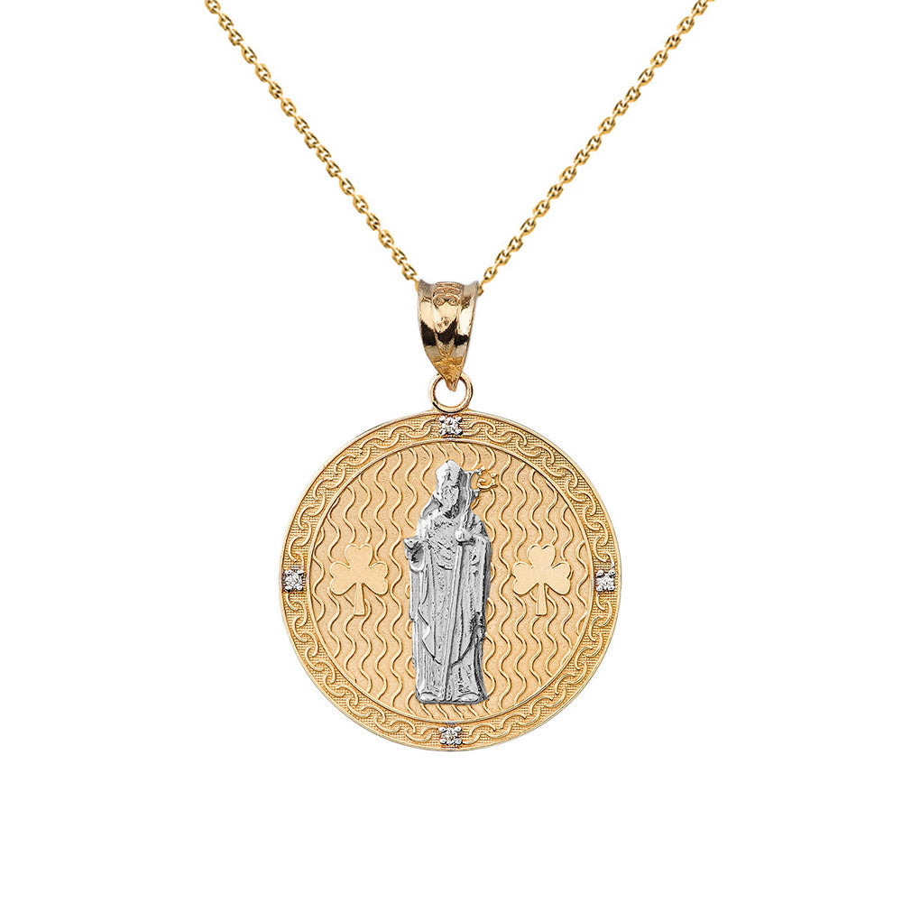 Solid Gold Saint Patrick Shamrock Diamond Engravable Medallion Pendant Necklace 1.16" (29 mm), view 2