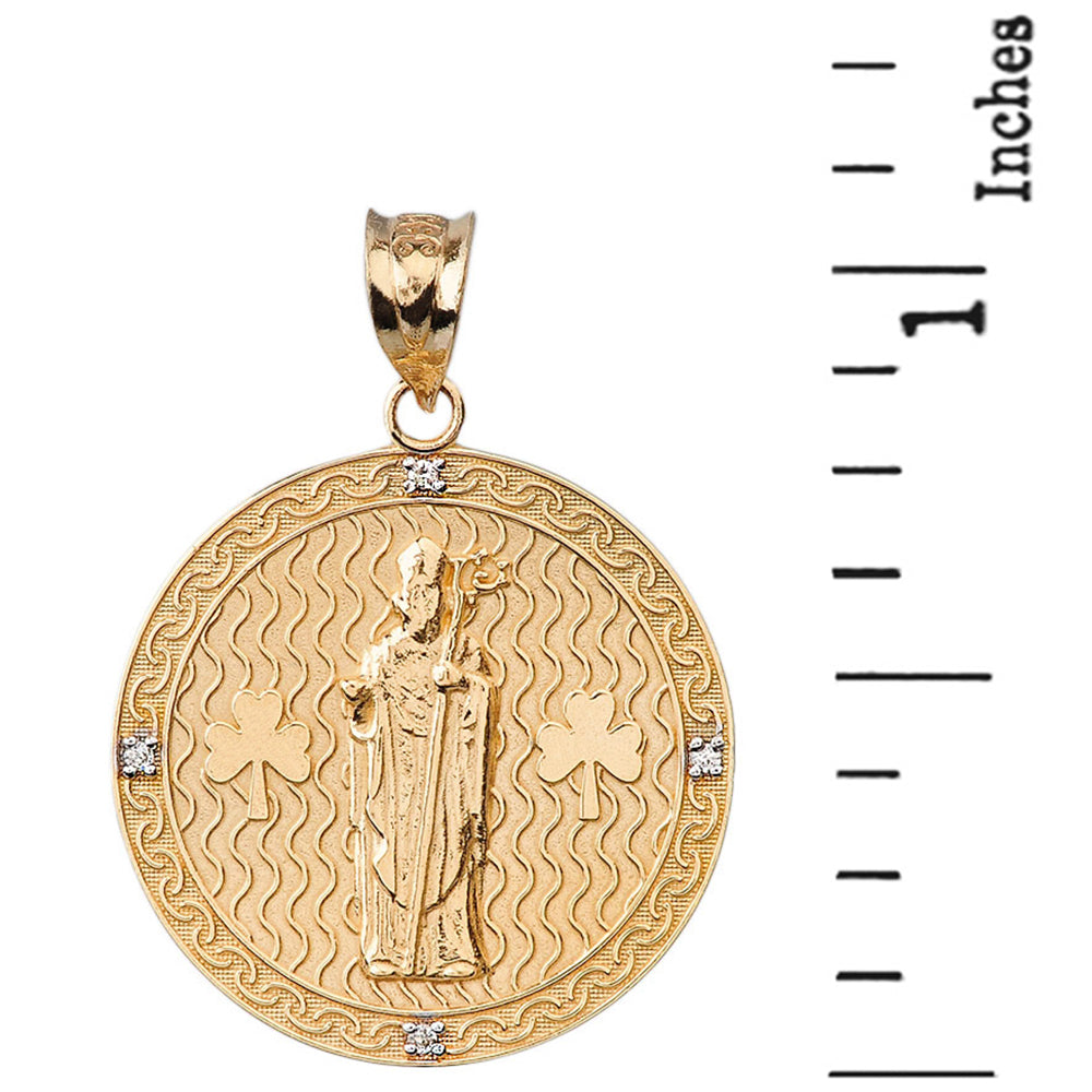 Solid Gold Saint Patrick Shamrock Diamond Engravable Medallion Pendant Necklace 1.16" (29 mm), view 4