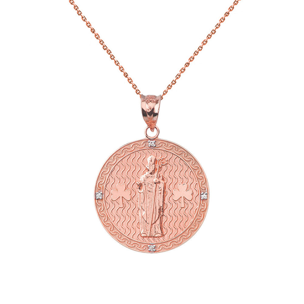 Solid Gold Saint Patrick Shamrock Diamond Engravable Medallion Pendant Necklace 1.16" (29 mm), view 5
