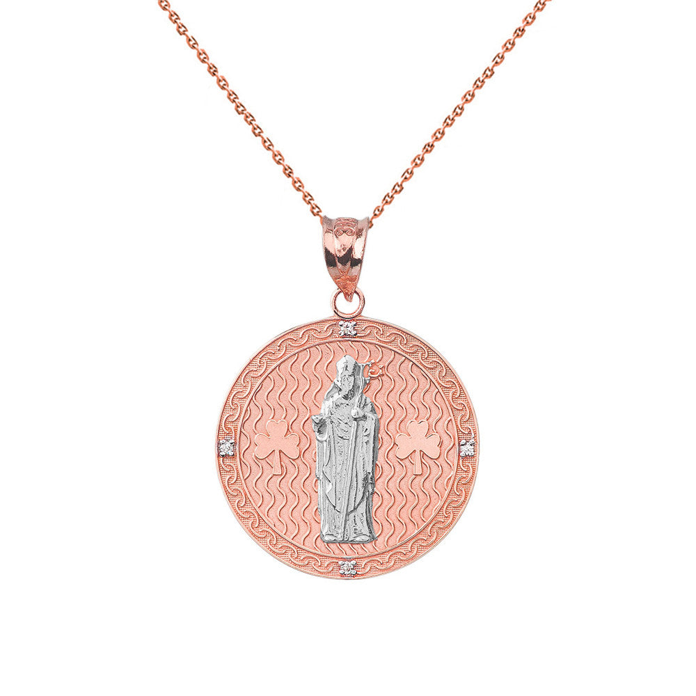Solid Gold Saint Patrick Shamrock Diamond Engravable Medallion Pendant Necklace 1.16" (29 mm), view 6