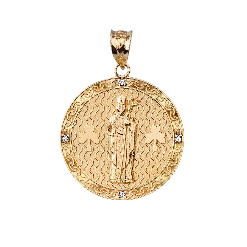 Solid Gold Saint Patrick Shamrock Diamond Engravable Medallion Pendant Necklace 1.16" (29 mm), view 8