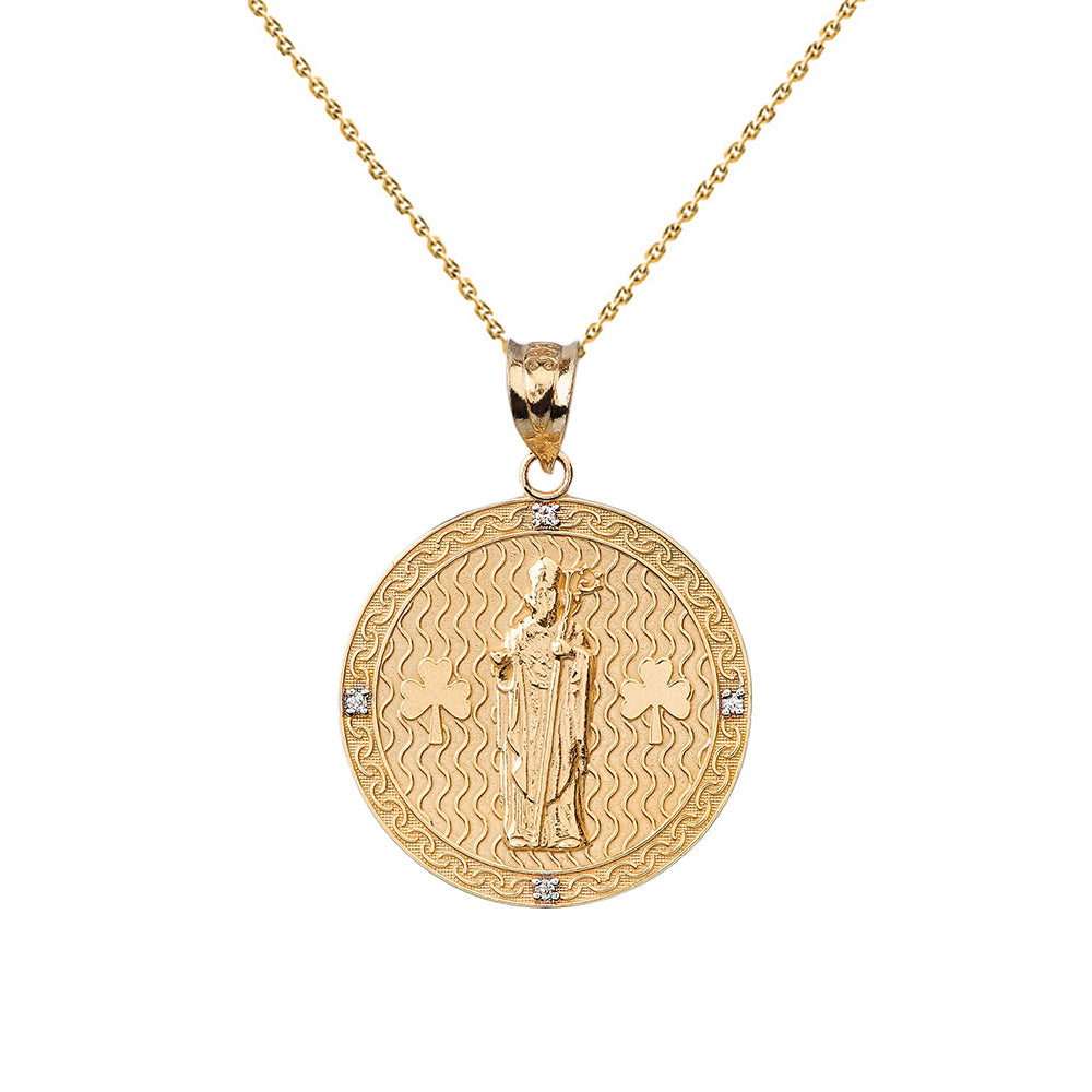 Solid Gold Saint Patrick Shamrock Diamond Engravable Medallion Pendant Necklace 1.05" (26 mm)