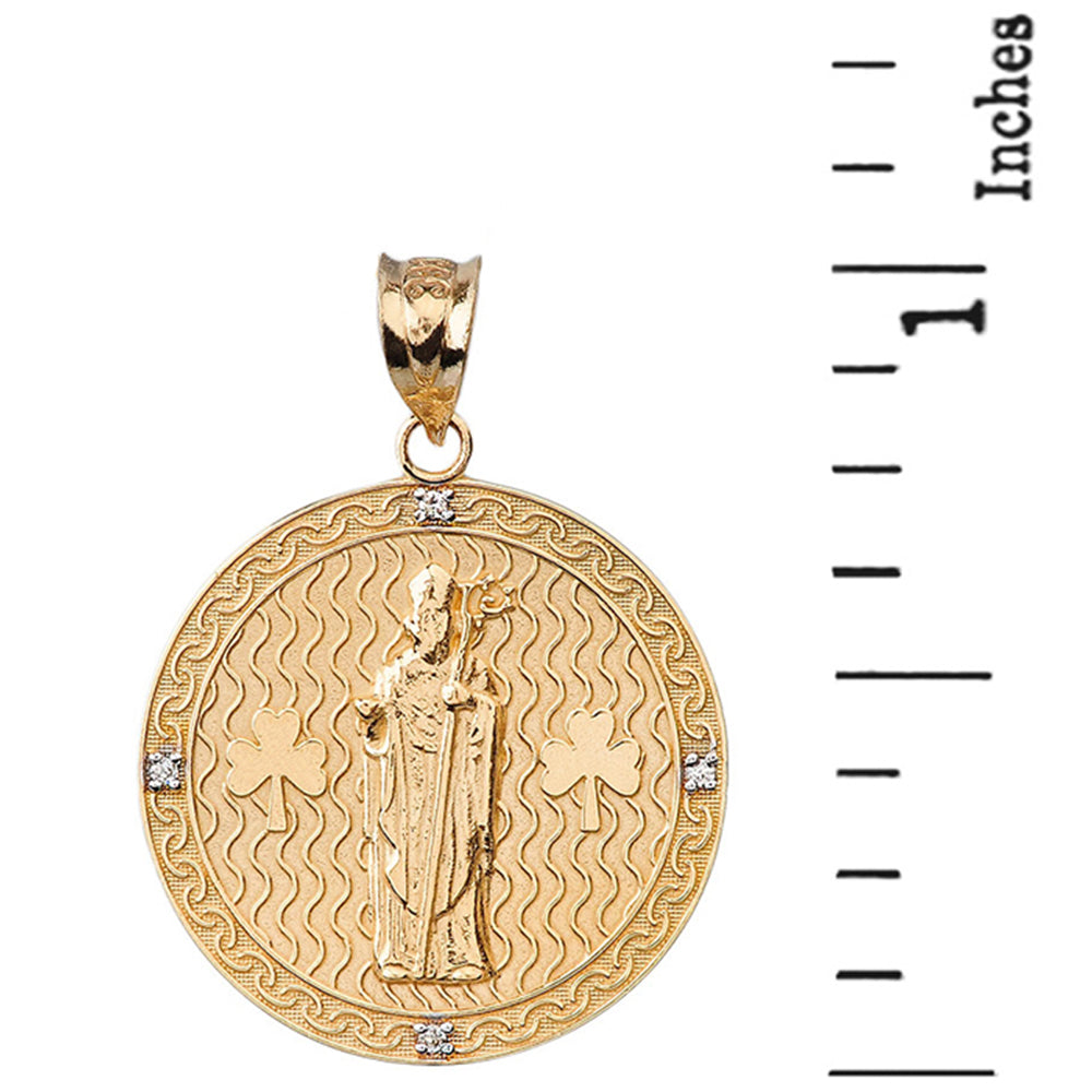 Solid Gold Saint Patrick Shamrock Diamond Engravable Medallion Pendant Necklace 1.05" (26 mm), view 7