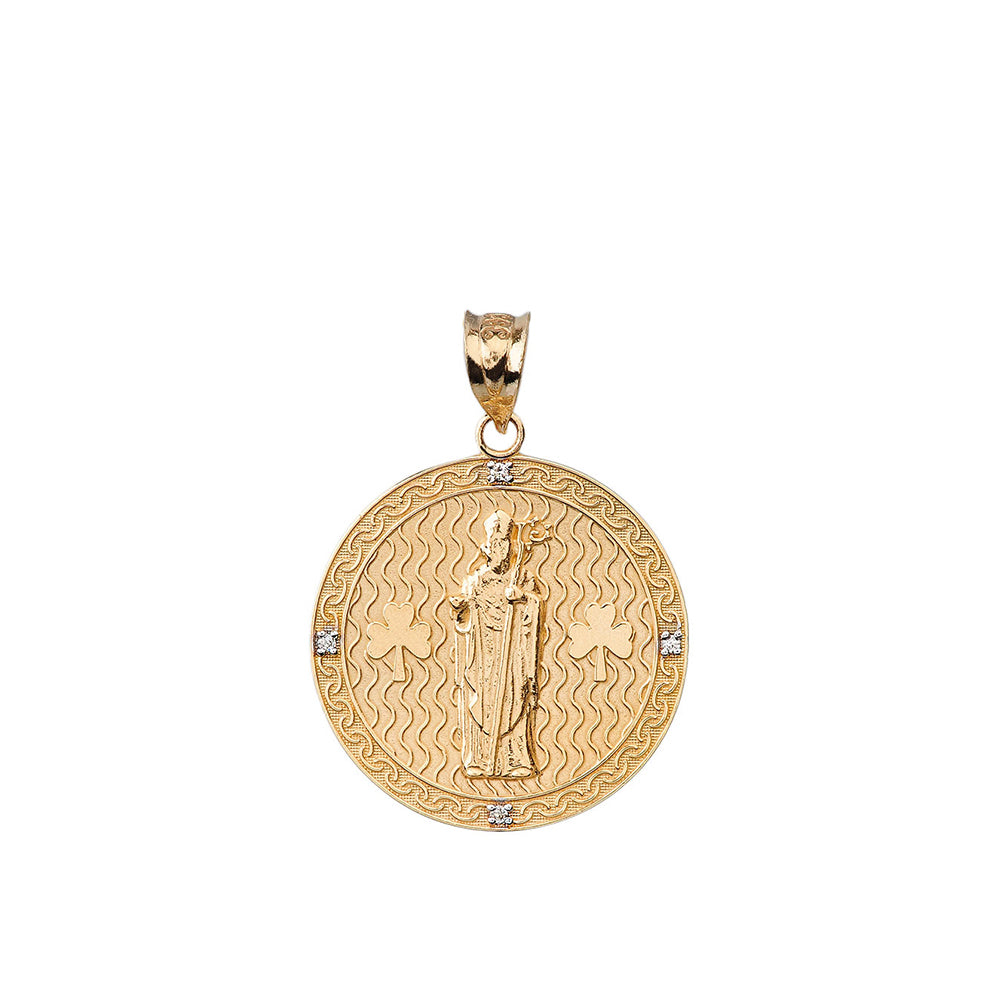 Solid Gold Saint Patrick Shamrock Diamond Engravable Medallion Pendant Necklace 1.05" (26 mm), view 8