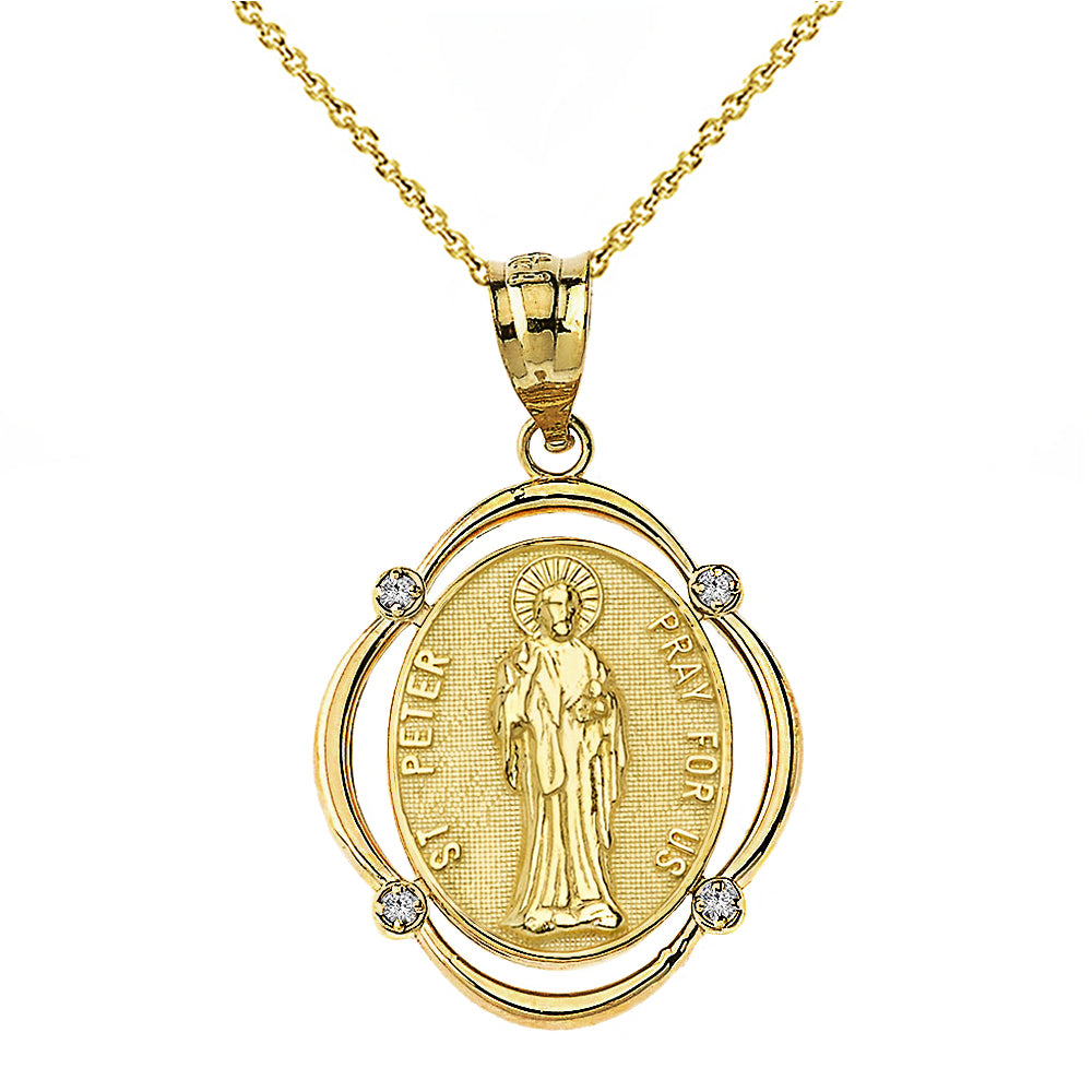 Solid Gold Saint Peter Pray For Us Diamond Oval Frame Pendant Necklace
