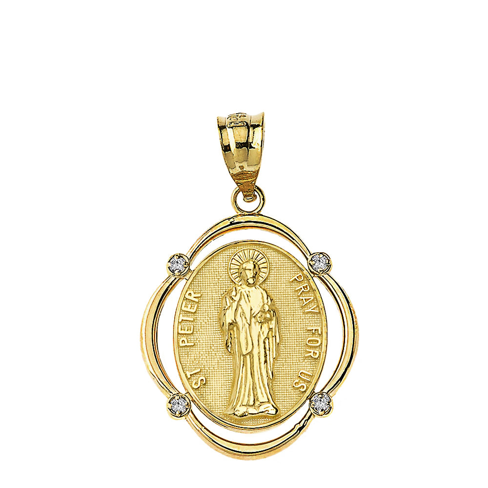 Solid Gold Saint Peter Pray For Us Diamond Oval Frame Pendant Necklace, view 2