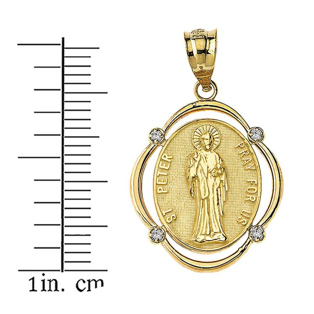 Solid Gold Saint Peter Pray For Us Diamond Oval Frame Pendant Necklace, view 3
