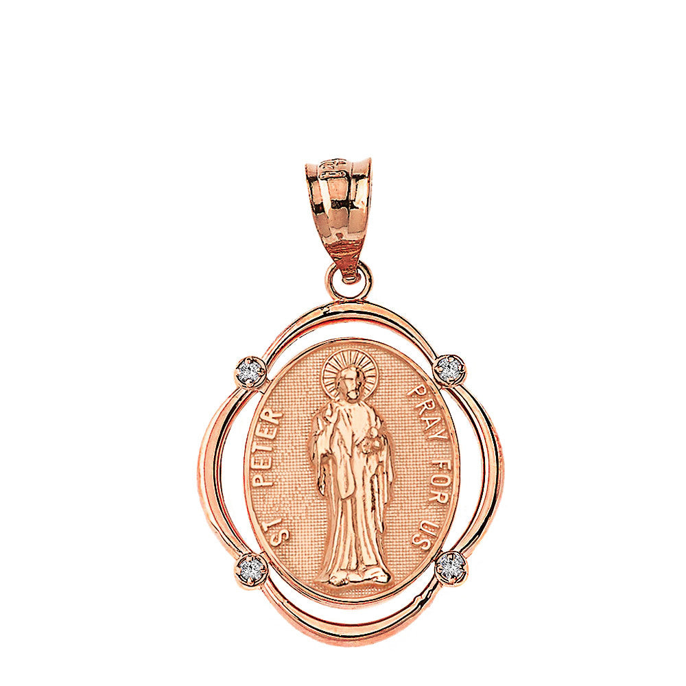 Solid Gold Saint Peter Pray For Us Diamond Oval Frame Pendant Necklace, view 5