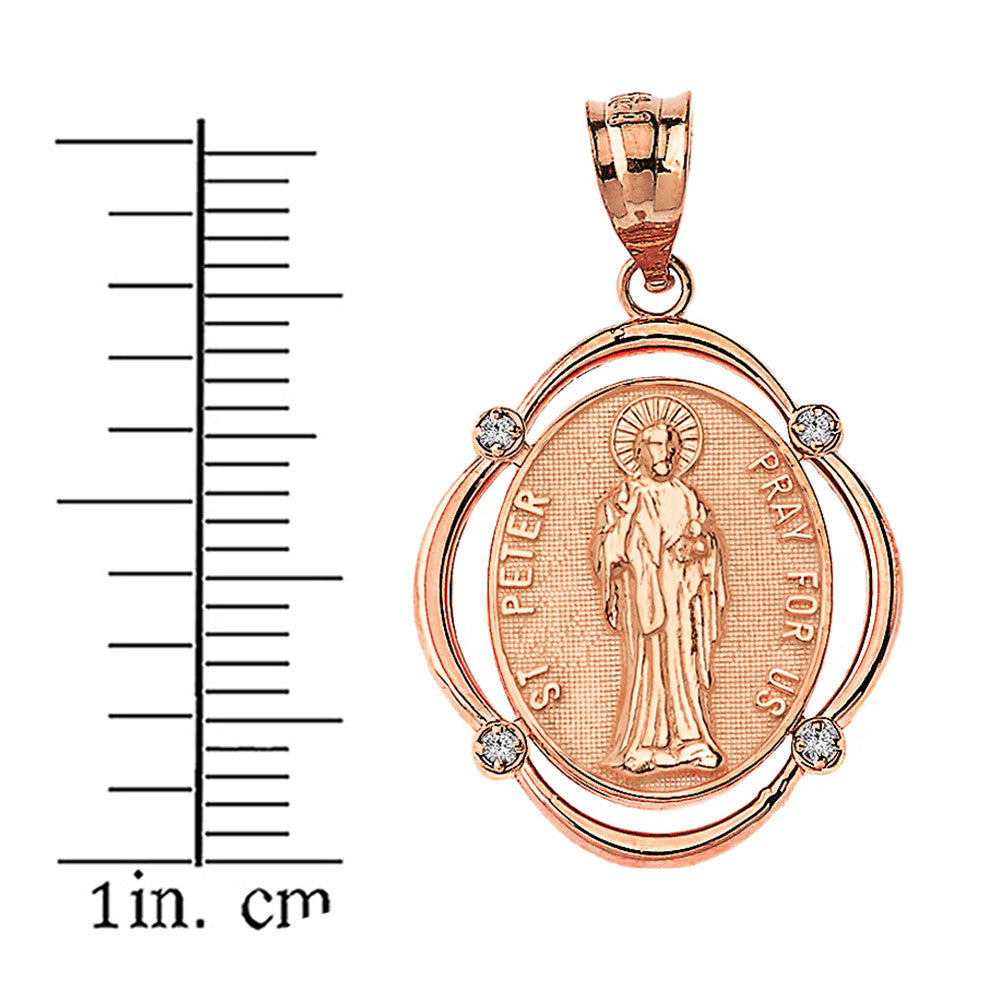 Solid Gold Saint Peter Pray For Us Diamond Oval Frame Pendant Necklace, view 6