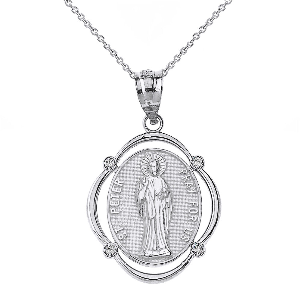 Solid Gold Saint Peter Pray For Us Diamond Oval Frame Pendant Necklace, view 7