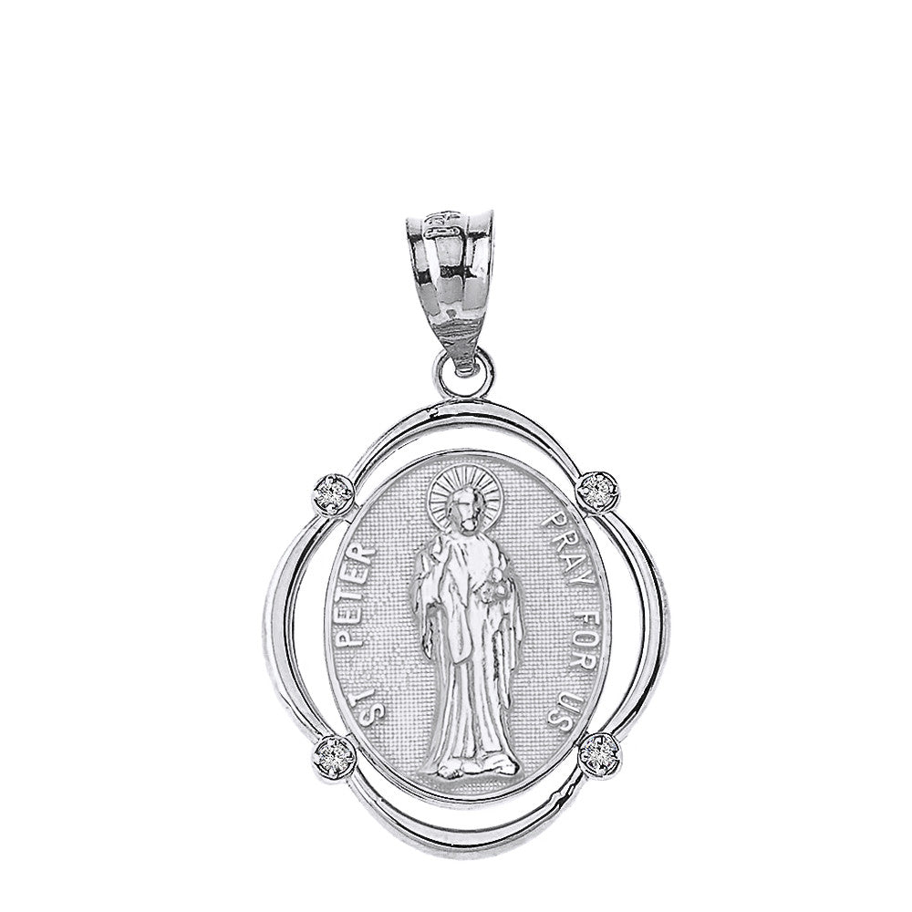 Solid Gold Saint Peter Pray For Us Diamond Oval Frame Pendant Necklace, view 8