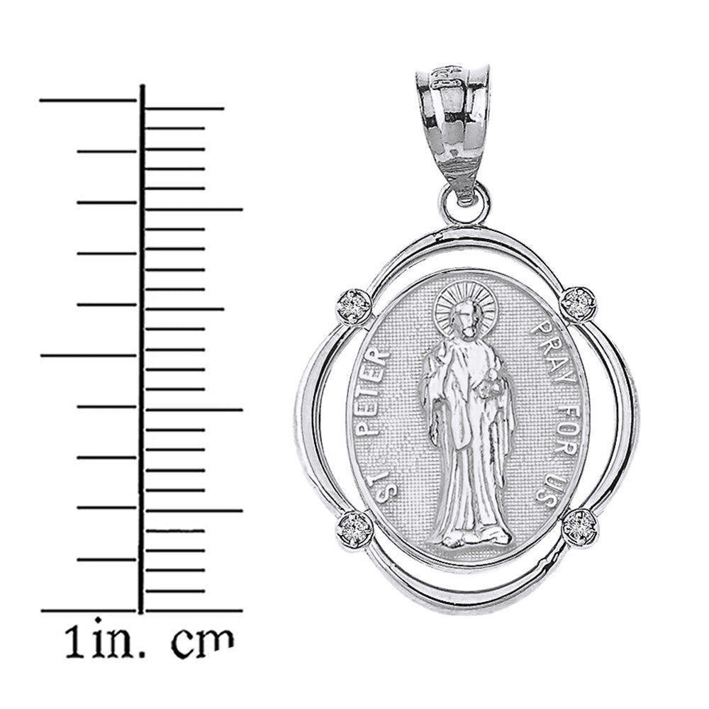 Solid Gold Saint Peter Pray For Us Diamond Oval Frame Pendant Necklace, view 9
