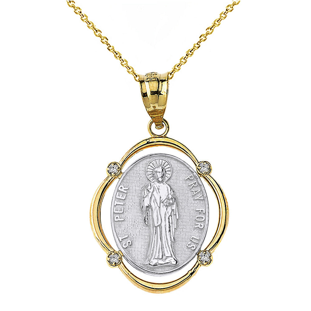 Solid Gold Saint Peter Pray For Us Diamond Oval Frame Pendant Necklace, view 10