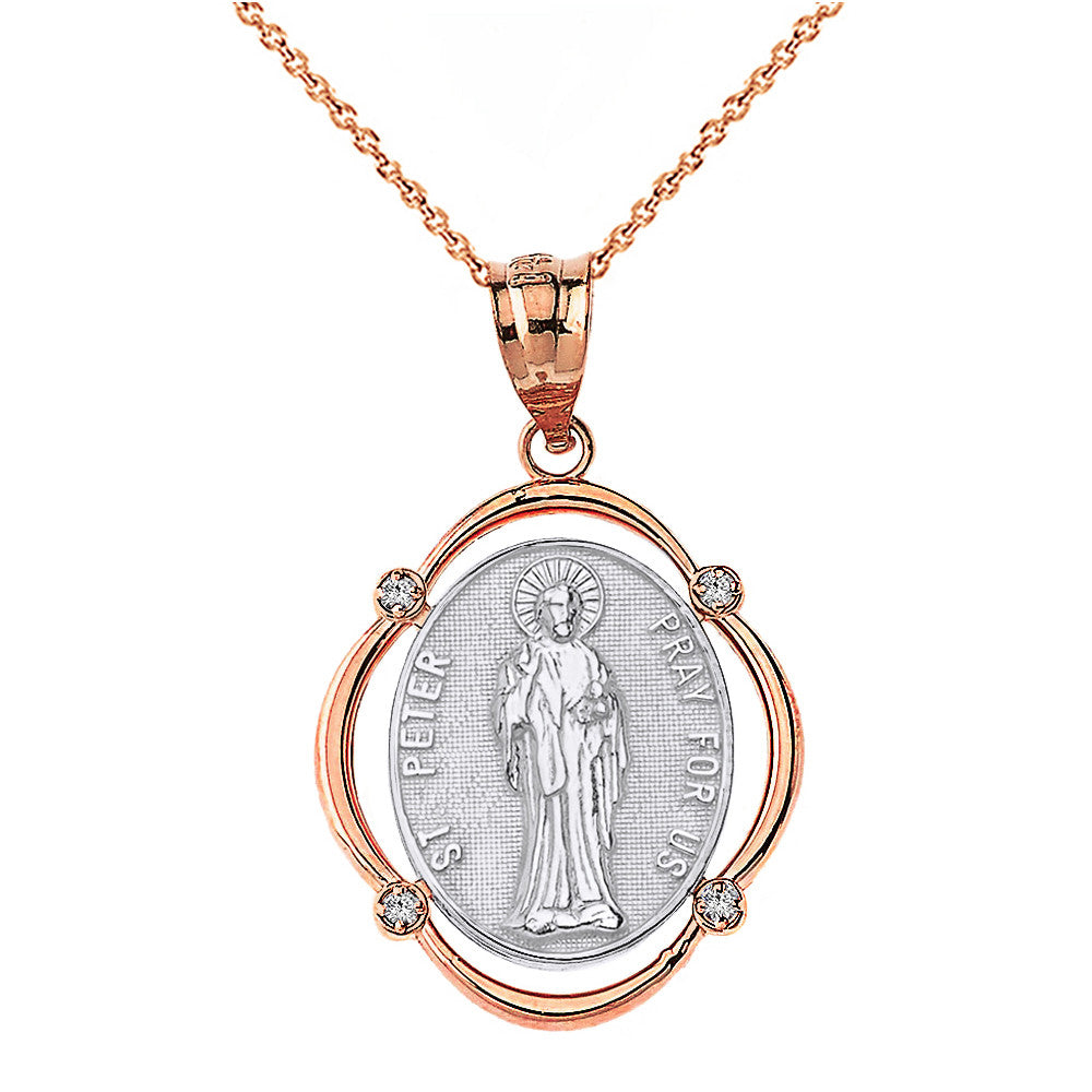 Solid Gold Saint Peter Pray For Us Diamond Oval Frame Pendant Necklace, view 12