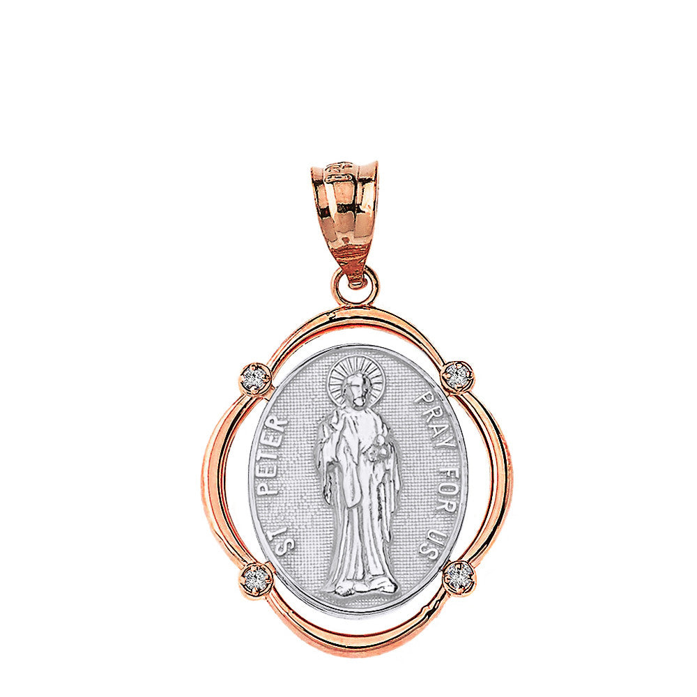 Solid Gold Saint Peter Pray For Us Diamond Oval Frame Pendant Necklace, view 13