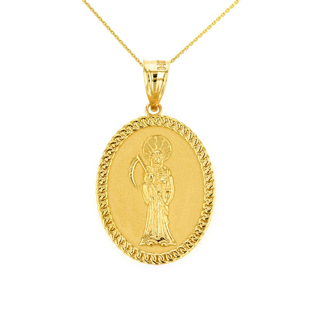 Solid Gold Santa Muerte Cuban Link Frame Medallion Pendant Necklace 1.28" (32 mm)