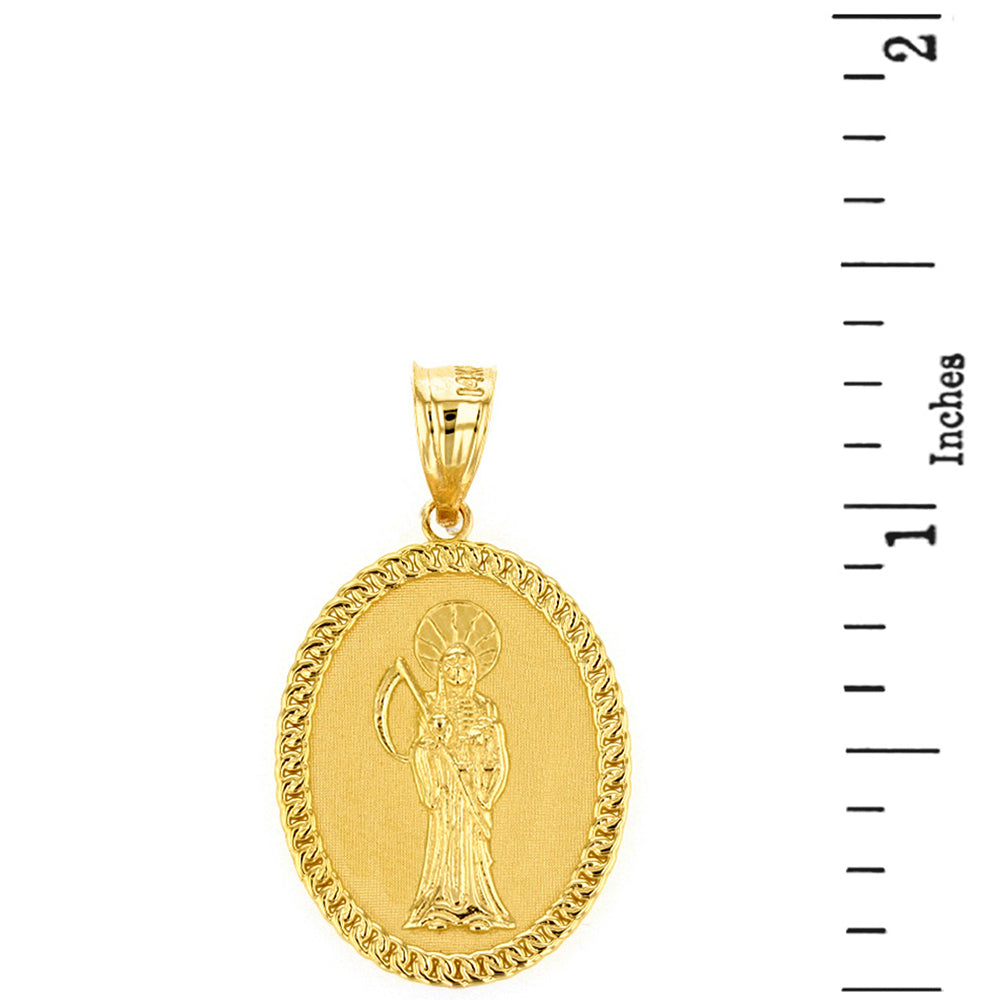 Solid Gold Santa Muerte Cuban Link Frame Medallion Pendant Necklace 1.28" (32 mm), view 2