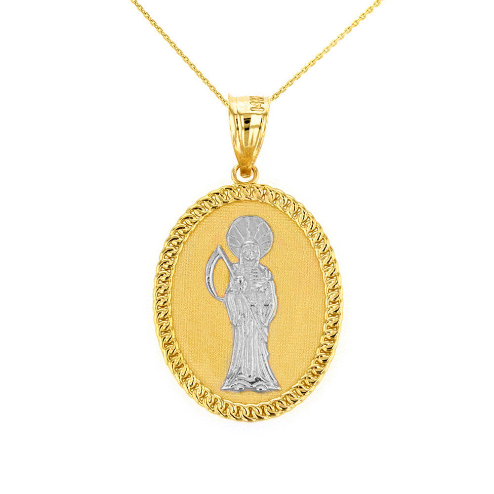 Solid Gold Santa Muerte Cuban Link Frame Medallion Pendant Necklace 1.28" (32 mm), view 3