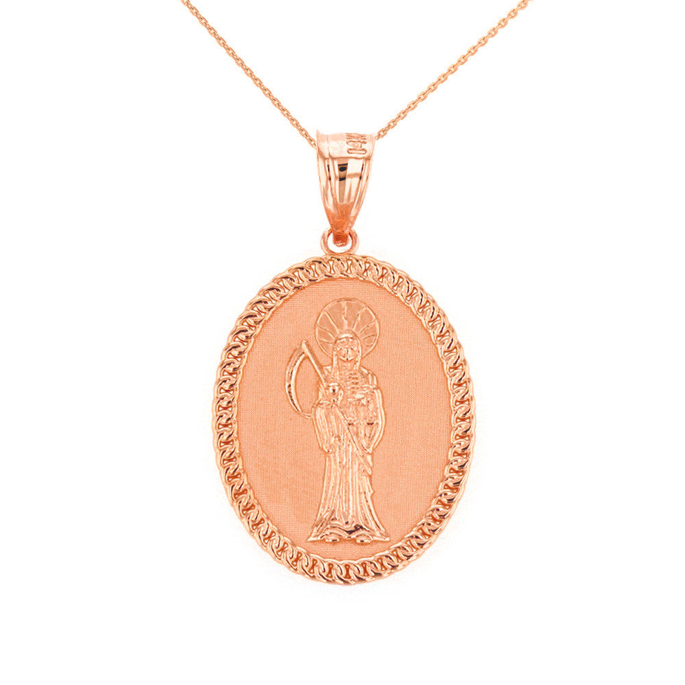 Solid Gold Santa Muerte Cuban Link Frame Medallion Pendant Necklace 1.28" (32 mm), view 4