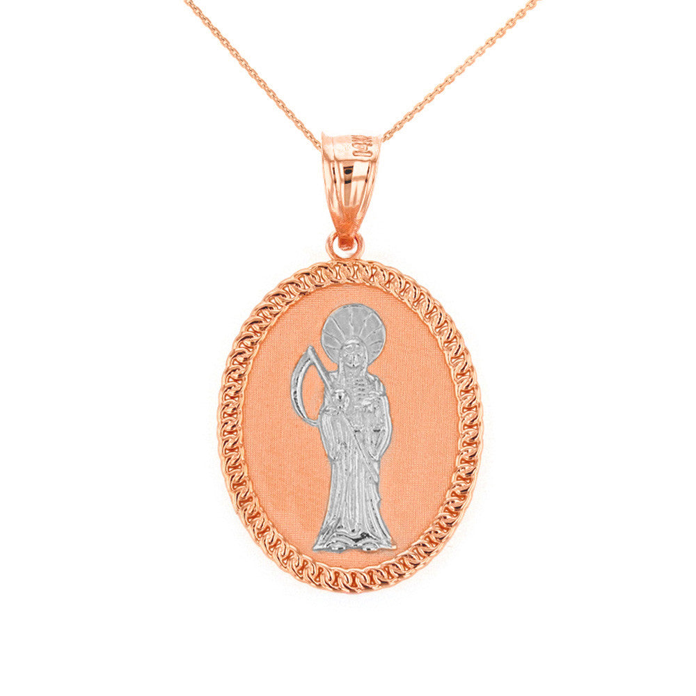 Solid Gold Santa Muerte Cuban Link Frame Medallion Pendant Necklace 1.28" (32 mm), view 5